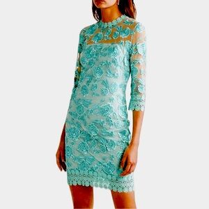 New Naeem Khan embroidered sheath dress size 10 turquoise florals lace trim